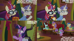 Size: 1280x720 | Tagged: safe, edit, edited screencap, editor:quoterific, screencap, first folio, moondancer, mystic moonlight, pretzel twist, say cheese, spike, twilight sparkle, alicorn, dragon, pony, unicorn, g4, season 9, the point of no return, apron, bag, clothes, female, glasses, mare, one eye closed, open mouth, open smile, saddle bag, smiling, text, tray, twilight sparkle (alicorn), winged spike, wings