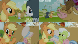 Size: 1280x720 | Tagged: safe, edit, edited screencap, editor:quoterific, screencap, applejack, granny smith, rarity, cow, earth pony, pony, unicorn, g4, it isn't the mane thing about you, season 7, applejack's hat, cowboy hat, eating, eyes closed, female, hat, mare, open mouth, open smile, smiling, text