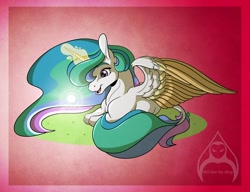 Size: 2600x2000 | Tagged: safe, artist:will-owl-the-wisp, princess celestia, alicorn, pony, g4, female, glowing, glowing horn, high res, horn, lying down, mare, prone, solo, summer solstice, sun