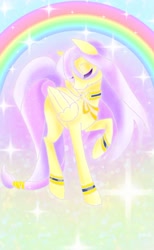 Size: 770x1251 | Tagged: safe, artist:stacy_165cut, fluttershy, pegasus, pony, g4, eyes closed, female, folded wings, mare, rainbow, raised hoof, solo, wings