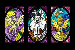 Size: 1008x672 | Tagged: safe, artist:stacy_165cut, oc, black background, simple background, stained glass, trio