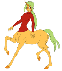 Size: 754x866 | Tagged: safe, alternate version, artist:cdproductions66, artist:nypd, oc, oc only, oc:honey nevaeh, centaur, monster girl, anthro, taur, alternate hairstyle, base used, breasts, centaurified, clothes, female, full body, glasses, green eyes, green hair, hooves, horn, human head, missing accessory, missing cutie mark, ponytail, raised hoof, raised hooves, raised leg, reasonably sized breasts, simple background, smiling, solo, transparent background, turtleneck, unicorn horn, unitaur