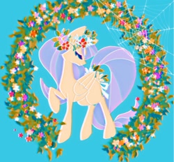 Size: 1200x1115 | Tagged: safe, artist:stacy_165cut, fluttershy, pegasus, pony, g4, blue background, eyes closed, female, flower, folded wings, mare, plant, raised hoof, simple background, solo, spider web, wings