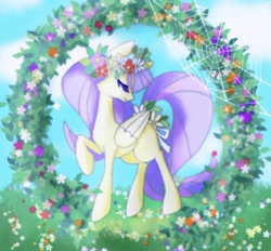 Size: 1200x1115 | Tagged: safe, artist:stacy_165cut, fluttershy, pegasus, pony, g4, blue background, eyes closed, female, flower, folded wings, mare, plant, raised hoof, simple background, solo, spider web, wings