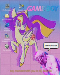 Size: 1080x1342 | Tagged: safe, artist:stacy_165cut, oc, oc only, pegasus, pony, dialogue, female, folded wings, game boy, mare, microsoft windows, raised hoof, solo, subtitles, vaporwave, webcore, windows 98, wings