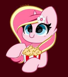 Size: 3152x3549 | Tagged: safe, artist:kittyrosie, oc, oc only, oc:rosa flame, pony, unicorn, cute, eating, eyelashes, female, flower, flower in hair, food, herbivore, high res, horn, mare, maroon background, ocbetes, popcorn, signature, simple background, smiling, solo, two toned mane, unicorn oc