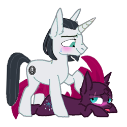 Size: 554x554 | Tagged: safe, artist:decokenite, chancellor neighsay, fizzlepop berrytwist, tempest shadow, pony, unicorn, g4, blushing, broken horn, clothes removed, commission, cute, duo, female, horn, looking at someone, male, mare, neighsay's cutie mark, petting, playing, shipping, simple background, stallion, straight, sweat, tempest neighsay, tongue out, white background, ych result