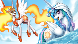 Size: 2000x1125 | Tagged: safe, artist:johnjoseco, daybreaker, princess celestia, alicorn, pony, g4, cute, cutelestia, duo, female, flying, mare, open mouth, self paradox, self ponidox, sunglasses, water, wet, wet mane, wing hands, wings