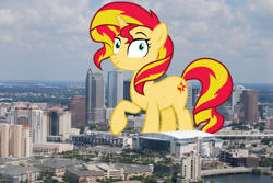 Size: 2336x1564 | Tagged: safe, artist:tardifice, artist:thegiantponyfan, sunset shimmer, pony, unicorn, g4, female, florida, giant pony, giant unicorn, giant/macro sunset shimmer, giantess, highrise ponies, irl, macro, mare, mega giant, photo, ponies in real life, tampa