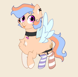Size: 1200x1186 | Tagged: safe, artist:angie imagines, oc, oc only, oc:cool ginger, pegasus, pony, :p, animated, beanbrows, beige background, chest fluff, choker, clothes, colored wings, ear fluff, ear piercing, earring, eyebrows, femboy, flying, full body, garter belt, gif, hooves, jewelry, loop, male, mismatched socks, multicolored hair, pegasus oc, piercing, pink eyes, simple background, socks, solo, spread wings, striped socks, tail, tongue out, transgender, two toned mane, two toned tail, wings