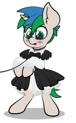 Size: 4725x7678 | Tagged: safe, alternate version, artist:veeayydee, oc, oc only, oc:star logic, pony, unicorn, absurd resolution, bipedal, blushing, clothes, collar, crossdressing, ear fluff, full body, horn, leash, maid, male, pet play, shadow, simple background, solo, stallion, standing, transparent background, two toned mane, unicorn oc