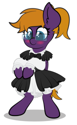 Size: 4725x7678 | Tagged: safe, alternate version, artist:veeayydee, oc, oc only, oc:purple creativity, pegasus, pony, absurd resolution, bipedal, blushing, clothes, ear fluff, female, full body, glasses, maid, mare, pegasus oc, shadow, simple background, smiling, solo, standing, transparent background