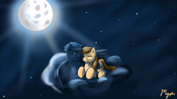 Size: 2560x1440 | Tagged: safe, artist:autumnsmonologue8, oc, oc only, pegasus, pony, cloud, cuddling, duo, eyes closed, lying down, lying on a cloud, moon, night, on a cloud, pegasus oc, prone, signature, smiling, wings