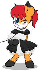 Size: 4725x7678 | Tagged: safe, alternate version, artist:veeayydee, oc, oc only, oc:serenity, pegasus, pony, absurd resolution, bipedal, blushing, clothes, coat markings, collar, ear fluff, female, full body, leash, maid, mare, one eye closed, pegasus oc, pet play, shadow, simple background, smiling, solo, standing, transparent background, wink