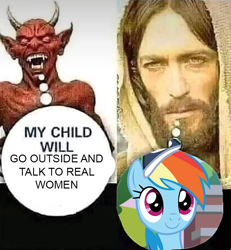 Size: 680x736 | Tagged: safe, rainbow dash, devil, pegasus, pony, 2 4 6 greaaat, g4, my little pony: friendship is magic, coach, coach rainbow dash, coaching cap, exploitable meme, female, jesus christ, mare, meme, satan, smiling, thought bubble