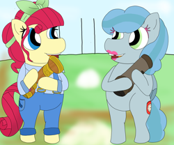 Size: 6048x5036 | Tagged: safe, artist:pinkiepie69, torque wrench, oc, oc:eazybake, earth pony, pegasus, pony, g4, bipedal, clothes, cutie mark on clothes, duo, duo female, eazy bake, female, lipstick, makeup