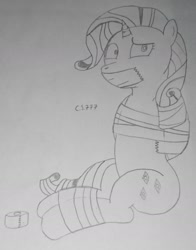 Size: 1368x1747 | Tagged: safe, artist:cardshark777, rarity, pony, unicorn, g4, arm behind back, bondage, duct tape, female, gag, helpless, hooves behind back, horn, horn ring, kidnapped, mare, monochrome, ring, signature, simple background, sitting, solo, tape, tape bondage, tape gag, traditional art