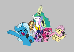 Size: 930x651 | Tagged: safe, artist:kabayo, applejack, fluttershy, pinkie pie, princess celestia, trixie, twilight sparkle, alicorn, earth pony, pegasus, pony, unicorn, g4, aggie.io, eyes closed, female, floppy ears, folded wings, frown, glowing, glowing horn, gray background, hat, horn, karaoke, magic, magic aura, mare, microphone, open mouth, ponerpics import, raised hoof, simple background, singing, smiling, spread wings, sweat, telekinesis, wings