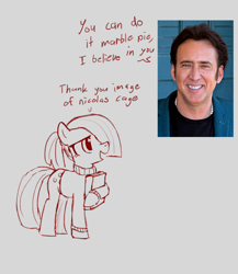 Size: 1300x1500 | Tagged: safe, artist:kabayo, marble pie, earth pony, pony, g4, alternate hairstyle, book, clothes, dialogue, encouragement, female, gray background, hair covering face, hoof hold, irl, mare, monochrome, nicolas cage, open mouth, photo, ponerpics import, simple background, smiling, sweater, talking