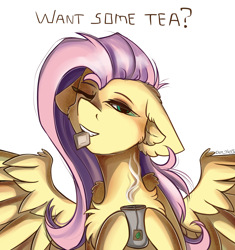 Size: 2200x2342 | Tagged: safe, artist:yuris, fluttershy, pegasus, pony, g4, cute, female, floppy ears, high res, looking at you, mouth hold, one eye closed, simple background, solo, talking to viewer, tea set, teabag, white background