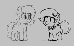 Size: 378x234 | Tagged: safe, artist:kabayo, artist:smoldix, oc, oc only, oc:filly anon, earth pony, pony, aggie.io, earth pony oc, female, filly, foal, gray background, grayscale, looking at each other, looking at someone, lowres, monochrome, ponerpics import, simple background, smiling