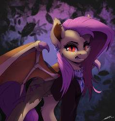 Size: 2850x3000 | Tagged: safe, artist:skitsroom, fluttershy, bat pony, pony, g4, alternate cutie mark, bat ponified, bat wings, clothes, ear piercing, earring, female, flutterbat, fluttergoth, goth, high res, jewelry, mare, piercing, race swap, solo, teeth, wings