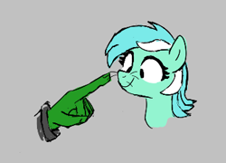 Size: 336x242 | Tagged: safe, artist:kabayo, lyra heartstrings, oc, oc:anon, earth pony, pony, unicorn, g4, aggie.io, boop, disembodied hand, female, finger, gray background, hand, mare, ponerpics import, simple background, smiling, whiskers