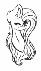 Size: 750x1280 | Tagged: safe, artist:prettyshinegp, oc, oc only, earth pony, pony, bust, ear fluff, earth pony oc, lineart, monochrome, one eye closed, simple background, smiling, white background, wink
