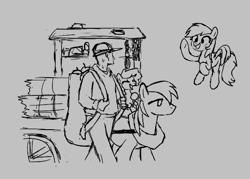 Size: 548x392 | Tagged: safe, artist:kabayo, big macintosh, rainbow dash, oc, oc:anon, earth pony, human, pegasus, pony, g4, aggie.io, backpack, cart, eyes closed, female, flying, grayscale, happy, hat, hay, horse collar, human male, human oc, male, mare, monochrome, open mouth, ponerpics import, simple background, smiling, spread wings, stallion, sweat, walking, waving, wings