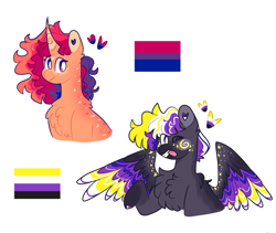 Size: 2551x2155 | Tagged: safe, artist:goldlines005, oc, oc only, pegasus, pony, unicorn, bisexual pride flag, chest fluff, duo, female, high res, horn, mare, nonbinary pride flag, pegasus oc, pride, pride flag, simple background, spread wings, transparent background, unicorn oc, wings