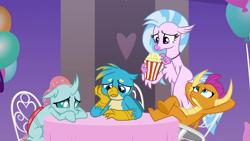 Size: 1280x720 | Tagged: safe, screencap, gallus, ocellus, silverstream, smolder, changedling, changeling, classical hippogriff, dragon, griffon, hippogriff, g4, season 9, she's all yak, cute, dragoness, female, food, male, popcorn, sad, sadorable, table