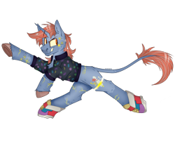 Size: 2800x2300 | Tagged: safe, artist:molars, oc, oc:tenpin, classical unicorn, cyborg, pony, unicorn, '90s, augmentation, augmented, clothes, cloven hooves, cyber, cyberpunk, dynamic pose, high res, horn, leonine tail, raised eyebrow, shading, shoes, simple background, smiling, smug, sneakers, solo, teeth, transparent background, unshorn fetlocks