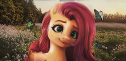 Size: 1166x567 | Tagged: safe, artist:annaxeptable, fluttershy, butterfly, pegasus, pony, g4, g5, beautiful, cute, female, flower, g4 to g5, generation leap, mare, outdoors, scenery, shyabetes, smiling, solo