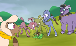 Size: 1800x1097 | Tagged: safe, artist:thescornfulreptilian, oc, oc only, sheep, snake, them's fightin' herds, cloven hooves, community related, hat, hoof hold, neckerchief, stick, sweat, sweatdrop, toy