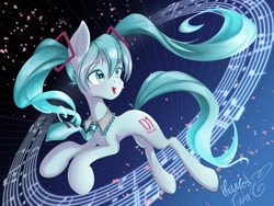 Size: 1024x768 | Tagged: safe, artist:hauntedtuba, earth pony, pony, anime, female, hatsune miku, mare, music notes, ponified, solo, vocaloid