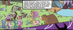 Size: 1079x454 | Tagged: safe, idw, angel bunny, discord, fluttershy, harry, bear, bird, draconequus, earth pony, pegasus, pony, rabbit, raccoon, snake, unicorn, g4, g5, spoiler:comic, spoiler:g5comic, spoiler:g5comic02, animal, colt, female, filly, flashback, foal, g5 collapse of disney, male, mare, meilin lee, older, older fluttershy, ponified, turning red, unnamed character, unnamed pony