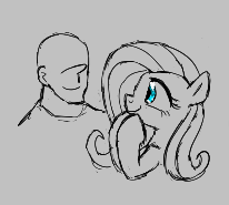 Size: 206x185 | Tagged: safe, artist:kabayo, fluttershy, oc, oc:anon, human, pegasus, pony, g4, aggie.io, female, gray background, human male, human oc, looking at each other, looking at someone, lowres, male, mare, ponerpics import, simple background, smiling