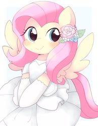 Size: 1334x1723 | Tagged: safe, artist:ginmaruxx, fluttershy, pegasus, pony, g4, blushing, clothes, dress, female, flower, flower in hair, hairpin, looking at you, mare, simple background, smiling, smiling at you, solo, spread wings, wedding dress, white background, wings
