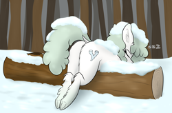 Size: 2874x1891 | Tagged: safe, artist:seafooddinner, oc, oc only, oc:lichen, pony, yakutian horse, butt, covered in snow, dock, ear fluff, eyes closed, female, fluffy, log, mare, onomatopoeia, plot, raised tail, sleeping, snow, solo, sound effects, tail, underhoof, zzz