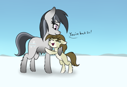 Size: 2424x1658 | Tagged: safe, artist:seafooddinner, oc, oc only, oc:meadow frost, oc:tundra tracker, pony, yakutian horse, crying, dialogue, duo, female, filly, foal, hug, mare, open mouth, siblings, sisters, snow, tears of joy