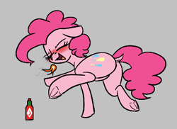 Size: 432x314 | Tagged: safe, artist:seafooddinner, pinkie pie, earth pony, pony, g4, aggie.io, balloonbutt, blushing, butt, dock, eyebrows, eyes closed, female, fire, floppy ears, frog (hoof), gray background, hot sauce, mare, open mouth, open smile, plot, raised hoof, raised tail, simple background, smiling, solo, tail, underhoof