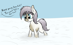Size: 1827x1140 | Tagged: safe, artist:seafooddinner, oc, oc only, oc:snowfall, pony, yakutian horse, dialogue, ear fluff, eye clipping through hair, female, filly, fluffy, foal, nervous, offscreen character, scrunchy face, shaking, shivering, snow, solo, sweat