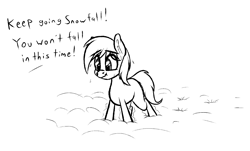 Size: 1485x894 | Tagged: safe, artist:seafooddinner, oc, oc only, oc:snowfall, pony, yakutian horse, black and white, dialogue, ear fluff, female, filly, foal, grayscale, monochrome, nervous, offscreen character, scrunchy face, shaking, shivering, sketch, snow, solo