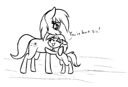 Size: 1350x924 | Tagged: safe, artist:seafooddinner, oc, oc only, oc:meadow frost, oc:tundra tracker, pony, yakutian horse, black and white, dialogue, eyes closed, female, filly, foal, grayscale, hug, mare, monochrome, open mouth, siblings, sisters, sketch, talking, teary eyes