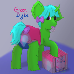 Size: 3000x3000 | Tagged: safe, artist:spiroudada, oc, oc only, oc:green byte, pony, unicorn, adult foal, auction, bag, bisexual pride flag, bow, butt, commission, diaper, diaper bag, diaper fetish, drawing, fetish, high res, male, non-baby in diaper, pacifier, pacifier gag, plot, pride, pride flag, simple background, solo, stallion, ych result