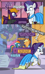 Size: 1920x3168 | Tagged: safe, artist:alexdti, applejack, rainbow dash, rarity, oc, oc:purple creativity, earth pony, pegasus, pony, unicorn, comic:quest for friendship, g4, bits, blushing, clothes, comic, dialogue, dot eyes, dress, ears back, eye contact, eyes closed, female, folded wings, glasses, glowing, glowing horn, gritted teeth, high res, horn, looking at each other, looking at someone, magic, mare, open mouth, open smile, partially open wings, pegasus oc, raised hoof, running, shadow, smiling, speech bubble, table, teeth, telekinesis, underhoof, uniform, wings, wonderbolts uniform, yelling
