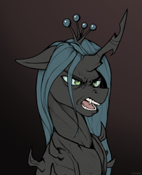 Size: 2777x3421 | Tagged: safe, artist:kirasunnight, queen chrysalis, changeling, changeling queen, g4, angry, black background, crown, fangs, female, high res, jewelry, open mouth, regalia, simple background, solo
