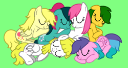 Size: 873x468 | Tagged: safe, artist:jigglewiggleinthepigglywiggle, fizzy, lofty, magic star, surprise, truly, whizzer, earth pony, pegasus, pony, twinkle eyed pony, unicorn, g1, g4, adorablestar, adoraprise, cute, eyes closed, female, fizzybetes, g1 to g4, generation leap, green background, green hair, green mane, green tail, group, group shot, loftybetes, lying down, mare, multicolored hair, multicolored mane, multicolored tail, pink hair, pink mane, pink tail, ponytail, prone, simple background, sleeping, sleeping surprise, smiling, snuggling, tail, trulybetes, whizzabetes, yellow hair, yellow mane, yellow tail