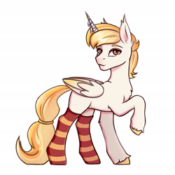 Size: 1920x1920 | Tagged: safe, artist:tanatos, oc, oc only, alicorn, pony, alicorn oc, blonde mane, clothes, horn, pony oc, simple background, socks, solo, stockings, striped socks, thigh highs, white background, wings