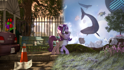 Size: 3840x2160 | Tagged: safe, artist:laylahorizonsfm, starlight glimmer, blue whale, pony, sky whale, unicorn, whale, g4, 3d, animal, balloon, car, city, fantasy, female, glasses, grass, high res, mare, nissan, park, road, scenery, solo, source filmmaker, space, tree